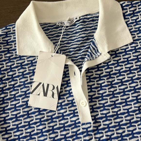 Zara Blue and White Jacquard Geo Tennis Prep Retro Polo Top Size Small NWT - Picture 2 of 9